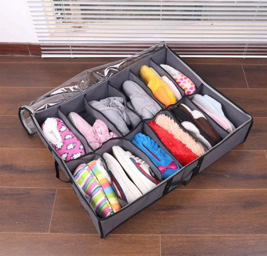 Dust-Proof 12-Grid Shoe Organizer – Non-Woven Transparent Shoe Storage Bag
